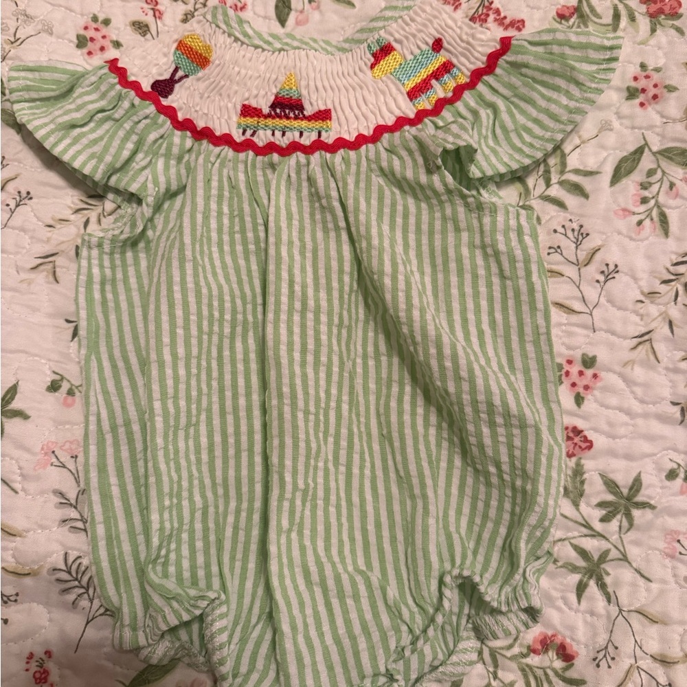 Green Striped Baby Romper with Colorful Embroidery